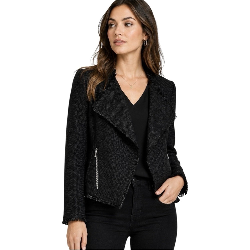 Saks Fifth Avenue Black Tweed Fringe Moto Jacket XL Open Front Blazer Minimalist